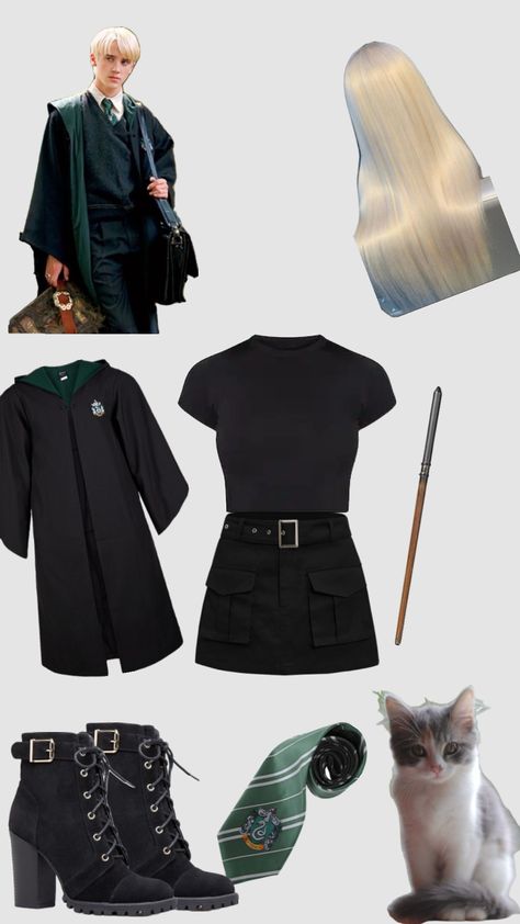 What I would wear as Draco Malfoy but as a girl Draco Malfoy Outfit, Slytherin Girl Outfit, Cute Slytherin Outfits, Cute Slytherin, Slytherin Girl, Slytherin Clothes, Slytherin Outfit, Slytherin Fashion, Girl Fits