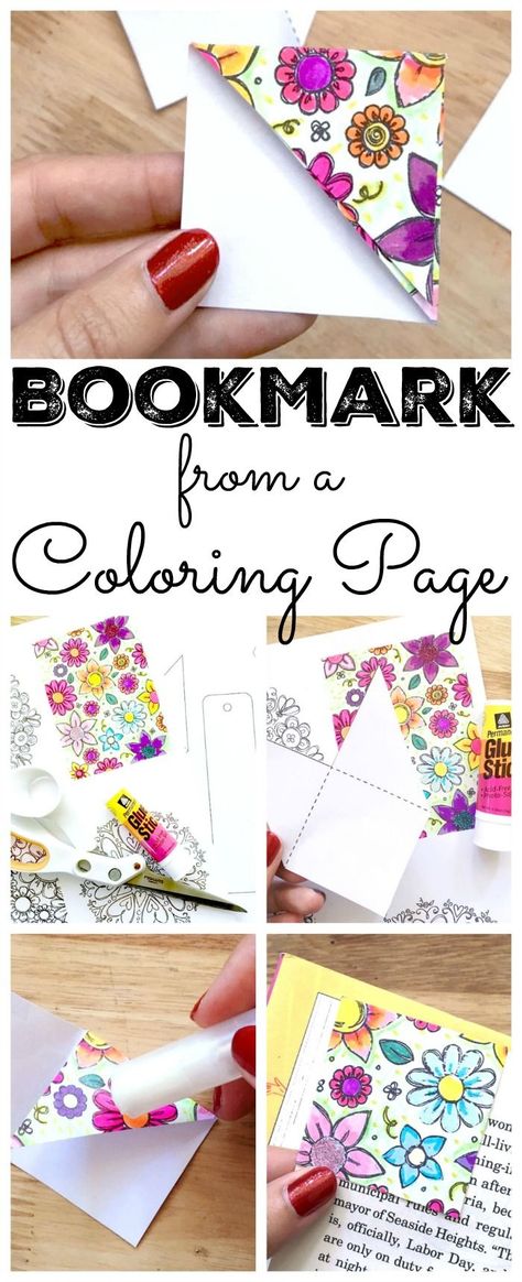 Make bookmarks with your coloring pages. Corner Bookmark Template, Diy Paper Bookmarks, Make Your Own Bookmarks, Bookmarks Coloring, Homemade Bookmarks, Bookmark Crochet, Corner Bookmark, Origami For Beginners, Folding Origami