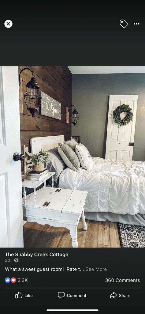 Farmhouse Guest Room, Wood Accent Wall Bedroom, Wood Walls Bedroom, Green Accent Walls, Sage Green Bedroom, Room Photo, Bedroom Wall Colors, Farmhouse Bedding, Accent Wall Bedroom