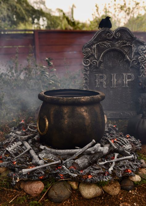 How to Make a Realistic Witches Cauldron {From a Plastic One} Witch Graveyard Halloween, Making Halloween Props, Diy Cauldron From Flower Pot, Witch Cauldron Front Yard, Fake Cauldron Fire, Mortuary Halloween Decorations, Over The Top Halloween Decorations Outdoor, Fake Graveyard Halloween, Spooky Halloween Yard Ideas