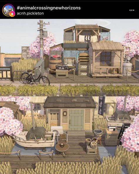 Acnh House Location Ideas, Japanese Village Animal Crossing, Japanese Animal Crossing Island, Japanese Island Acnh, Acnh Coastal Town, Coastal Acnh, House Yard Design, Animal Crossing Fish, Acnh Japanese