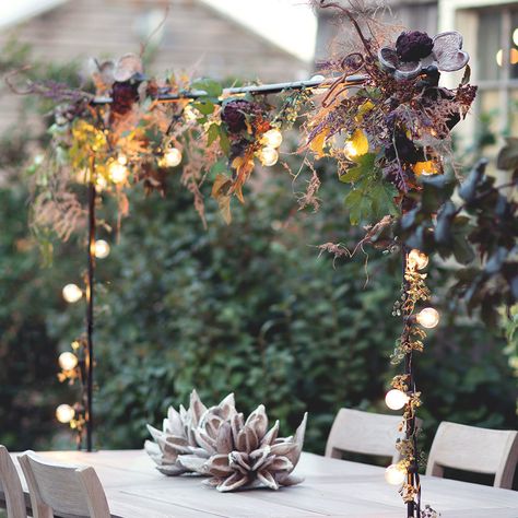 Get the Look: The Harvest Display with the Over-the-Table Iron Rod Over The Table Rod, Wheat Centerpieces, Led Globe Lights, Living Wreath, Garden Spheres, Colorful Plants, Globe Lights, Outdoor Garden Furniture, Outdoor Dining Table