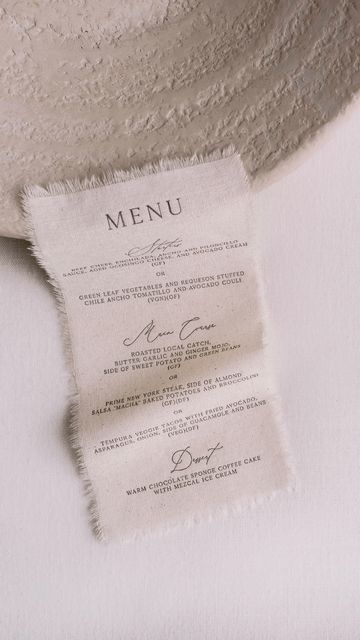 Papira® | Alexandra on Instagram: "Our signature fabric menus. Letterpress printed and hand frayed one by one. 🤍 So much love goes into creating these beautiful wedding day details." Fabric Wedding Menu, Linen Menu Wedding, Watercolor Menu, Wedding Day Details, Menu Printing, Warm Chocolate, Gala Dinner, Menu Ideas, Wedding Fabric