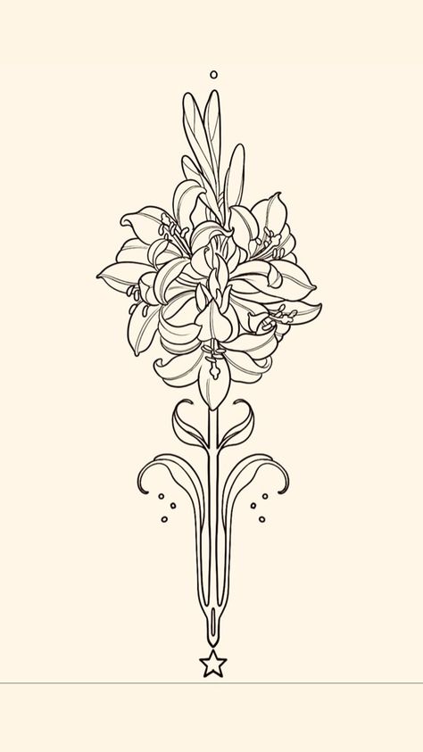 Art Nouveau Lily Tattoo, Small Art Nouveau Tattoo, Alphonse Mucha Flowers, Art Nouveau Flowers Illustration, Art Nouveau Lily, Art Nouveau Tattoo, Nouveau Tattoo, Art Nouveau Flowers, Line Art Tattoos