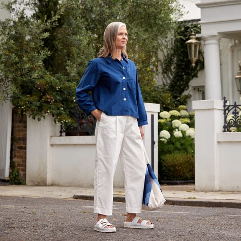 Summer style: blue and white always looks right Thats Not My Age, 50s Women, Breton Stripes, Resort Shirt, Older Women Fashion, Summer Jeans, Cotton Poplin Shirt, The Seaside, Denim Patchwork