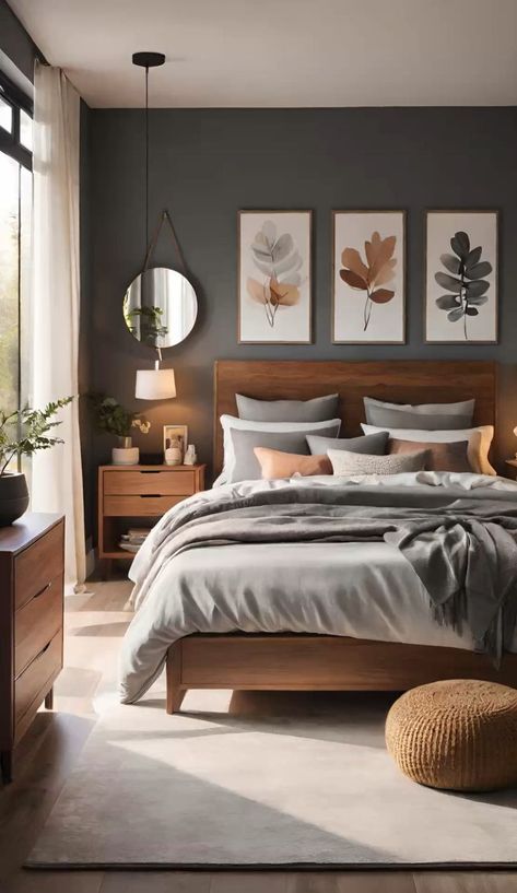 Boho Minimalist Master Bed, Bedroom Ideas New Build, Cozy Bedroom Ideas With Carpet, Gray And Natural Bedroom, Main Bedroom Color Palette, Cozy Minimalist Home Decor Small Spaces, Minimalist Bedroom Color Palette, Vintage Salon Bedroom, Bedroom Inspirations Master Color Schemes Light Blue