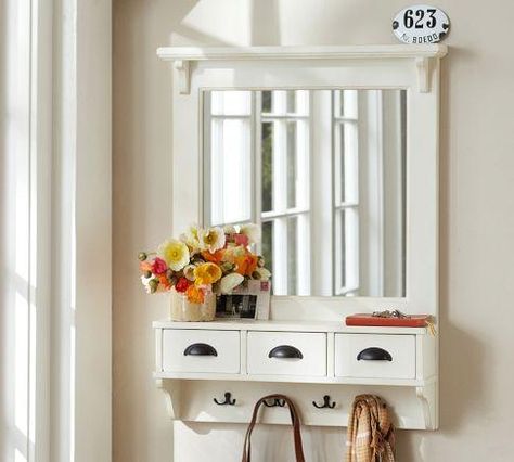 Mirrors - Wall-Mount Entryway Organizer Mirror - White | Pottery Barn - entryway organizer, entryway organizer mirror, entryway mirror with ... Pottery Barn Entryway, Mirror Organizer, Wall Mount Tv Stand, Apartment Entrance, Victoria House, Entryway Organizer, Road House, Entryway Mirror, Mirror With Hooks