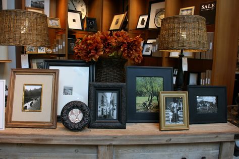 vignette design: Family Photos Straightened Up Displaying Family Pictures, Large Family Pictures, Picture Arrangements, Vignette Design, Photo Arrangement, Display Family Photos, Frame Store, Tabletop Picture Frames, Display Photos