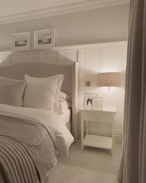 Juliette- INTERIORS on Instagram: "As much as I love the lighter nights, there is nothing cosier than a dark bedroom with bedside lamps on, fresh bedding and a spritz of pillow spray. That feeling when you hop in to bed- bliss 👌 Bed, lamps and bedside tables @neptunehomeofficial Bedding @dunelmuk and @thewhitecompany Bedspread @dusk.com Lampshades @hudsonhome_ Artwork @isobelalexanderstudio Curtains-bespoke @waltons_mill_shop Carpet victorious carpets, impressions in colour blush. Paint Dusk Bed, Manifest House, Blush Paint, Bed Lamps, Bedroom Revamp, Fresh Bedding, Dark Bedroom, Pillow Spray, Bedside Lamps