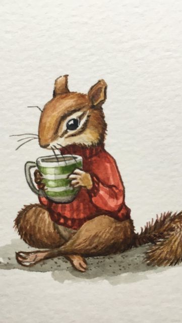 Astrid Sheckels Art on Instagram: "Here’s another Sweater Weather friend! ☕️🐿🧶 . This little chipmunk is staying toasty with a cup of hot tea and a wooly red jumper! Wouldn’t you love to spend the afternoon with him, sharing a pot of tea? . . . . #teatime #teacup #whimsicalart #whimsicalwonderfulwild #illustration #watercolorart #chipmunk #chipmunksofinstagram #sweaterknitting #sweaterweather #astridsheckelsart" Chipmunk Drawing Cute, Animals In Sweaters Illustration, Astrid Sheckels Art, Astrid Sheckels, Chipmunk Illustration, Chipmunk Drawing, Hot Chocolate Drawing, Chipmunk Art, Animal Drawing Inspiration