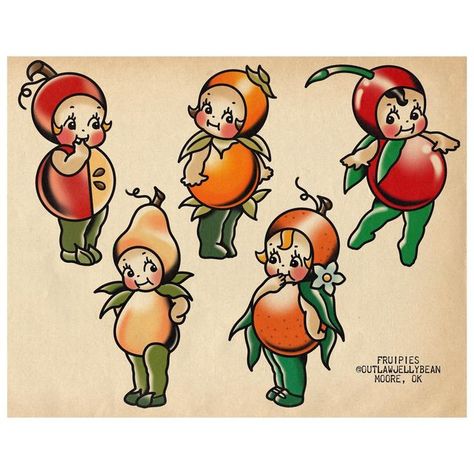 Kewpie Flash Tattoo, Cute Vintage Tattoos, Kewpie Art Tattoo, American Traditional Food Tattoo, American Traditional Fruit Tattoo, Fruit Flash Tattoo, Traditional Baby Tattoo, Traditional Kewpie Tattoo, Traditional Food Tattoo