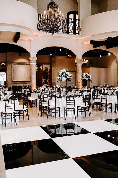 Detailed in timeless accents was the black and white wedding reception of the couple at The Bell Tower on 34th. | Photo: Erika Geier Photography   Spotlight WiH Partner-  Venue: The Bell Tower on 34th   #WeddingsinHouston #RealWeddings #LuxuryWeddings #WeddingMagazine #ReceptionDecor #HoustonTX #WeddingVenue #WeddingColors #WeddingPlanning #BrideToBe #Engagement #ElegantWeddings #ColorScheme #WeddingInspo #WeddingIdeas #WeddingDetails #WeddingDay #Bride #WeddingCeremony Wedding Black Aesthetic, Black And White Wedding Venue Decor, Black And White Wedding Tables, Black And White Formal Wedding, Black And White Aesthetic Wedding, White Reception Decor, Black Tie Reception, Black Tie Wedding Decor, Black And White Wedding Decor