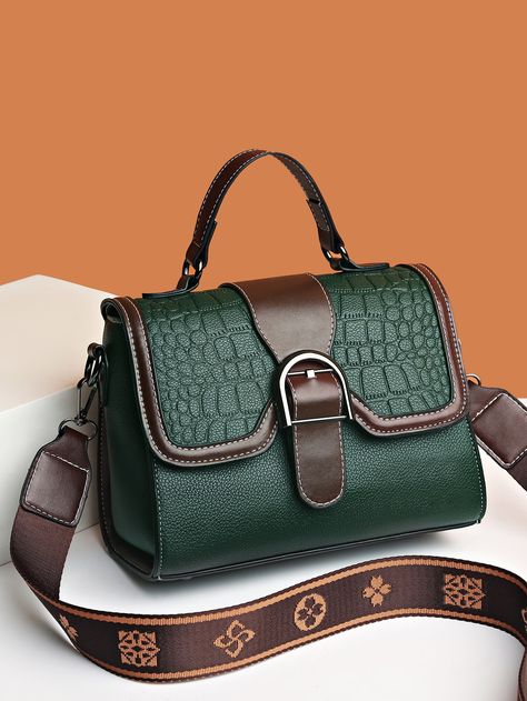 Green Fashionable Collar  PU Leather Crocodile Print Square Bag Embellished   Women Bags Expensive Bag, Sacs Design, Everyday Handbag, Tas Fashion, Ladies Bag, Classic Handbags, Dior Handbags, Shopping Tips, Pretty Bags