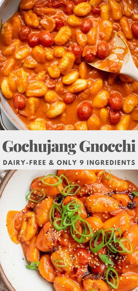 This gochujang gnocchi only requires 9 ingredients and comes together in less than 30 minutes. Easy to make, budget-friendly and the perfect weeknight dinner. Gochujang Gnocchi, Tofu Gnocchi, Gochujang Recipe, 2024 Meals, Gluten Free Gnocchi, Homemade Tofu, Food Magic, 2024 Recipes, Fusion Dishes