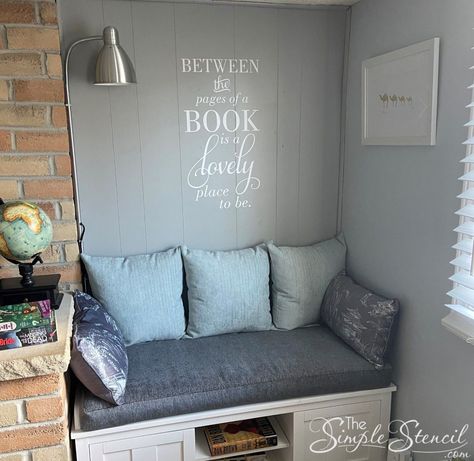 Modern Home Decor | Cozy Spaces | Free and Easy Tutori Library Accent Wall, Reading Corner Wall Decor, Playroom Update, Classroom Reading Corner, Diy Home Library, Reading Nook Closet, Reading Place, Kids Nook, Reading Corner Classroom