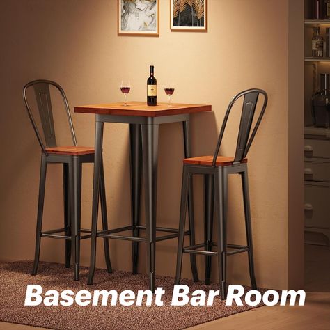 3 Piece Pub Table Set with Solid Elm Top and Metal Frame Counter Height Kitchen Table, Bar Table And Chairs, Bar Top Tables, Pub Table And Chairs, Bar Table Sets, Pub Table Sets, Bar Height Table, Height Table, Bar Home