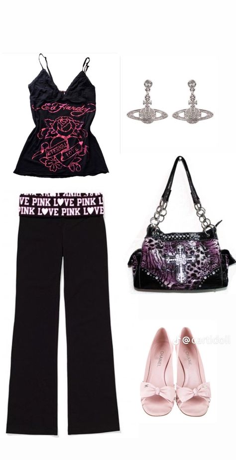 ed hardy fold over vs yoga pants vivienne westwood earrings puppy kitten heels , via cartidoll on tiktok Y2k Outfits Pants, Trashy Y2k Outfits, Ed Hardy 2000s, Westwood Earrings, Kitten Heels Outfit, Fold Over Yoga Pants, Vivienne Westwood Earrings, Trashy Y2k, Heels Outfits