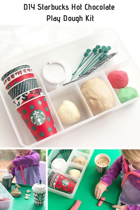 Enjoy being a barista with this cute DIY Starbucks Hot Chocolate Play Dough Kit! The hot chocolate dough smells delicious! #playdough #toddlerplay #hotchocolate #winter #sensoryplay Themed Play Dough Kits, Play Dough Learning Activities, Diy Play Doh Kit, Winter Playdough Kit, Playdough Station Ideas, Diy Playdough Sensory Kit, Starbucks Sensory Bin, Playdough Kit Ideas, Play Dough Kits Diy