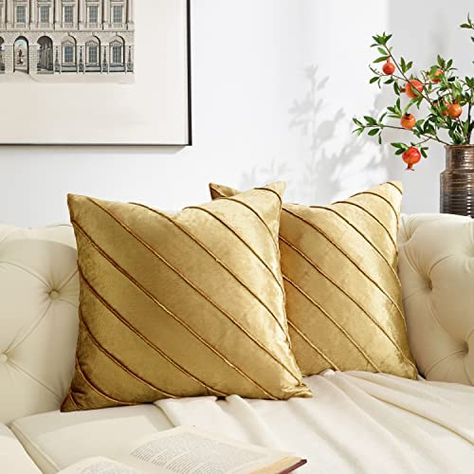 GIGIZAZA Decorative Velvet Pillow Covers 18x18, Set of 2 Gold Sofa Couch Throw Pillows Covers Cases, Living Room Square Cushion Accent Stripe Covers Throw Pillows Covers, Euro Pillow Covers, Gold Throw, Gold Sofa, Gold Throw Pillows, Black And White Living Room, Euro Pillows, Couch Throw, Gold Pillows