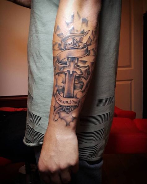 Cross Rip Tattoo, Cross Forearm Tattoo Men Half Sleeves, Cross In Clouds Tattoo, Shoulder Cross Tattoo Men, Cross Tattoo For Men Forearm, Calf Tattoo Men Calves, Cross Shoulder Tattoo Men, Cross Sleeve Tattoo, Men Cross Tattoos