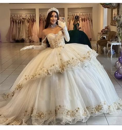 Cream White Quinceanera Dresses, Masquerade Quinceanera Ideas Dresses, Quinceanera Dresses With Gloves, Masquerade Quinceanera Dresses, White And Gold Quince Dress, Masquerade Quinceanera Theme, Beige Quince, Coquette Quinceañera, Charo Quinceanera Dresses