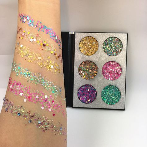 Goth Aesthetic Makeup, Unicorn Eyeshadow, Pressed Glitter Eyeshadow Palette, Funky Makeup, Festival Makeup Glitter, Bronze Eyeshadow, Glam Aesthetic, Shimmer Makeup, Festival Glitter