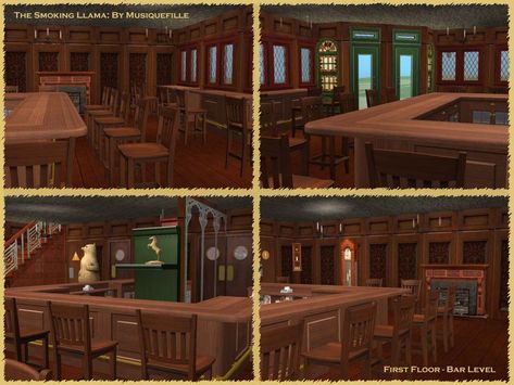 Mod The Sims - The Smoking Llama Pub (95% CC Free!) Community Lot Horseshoe Bar, Sims 2 Cc, Floor Wood, What Was I Thinking, Victorian London, Grand Piano, Hand Of Cards, Bathroom Doors, Wood Inlay