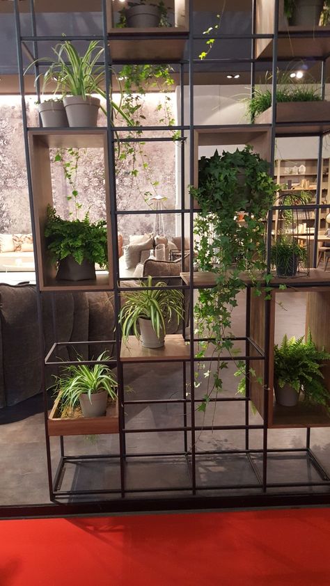 Room Divider Plants Green Walls, Plant Wall Room Divider, Plant Divider Wall, Room Divider Plants, Metal Partition Design, Balcony Divider, Partition Design Modern, Plant Stand Ideas, Indoor Plant Shelves