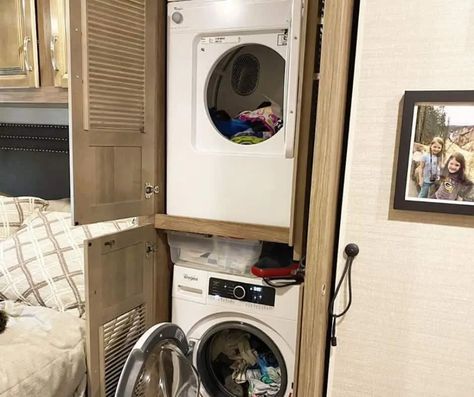 Airstream Washer And Dryer, Rv Washer And Dryer Ideas, Camper Washer And Dryer, Rv Washer Dryer, Fifth Wheel Living, Camper Renovations, Best Travel Trailers, Washers And Dryers, Trailer Conversion