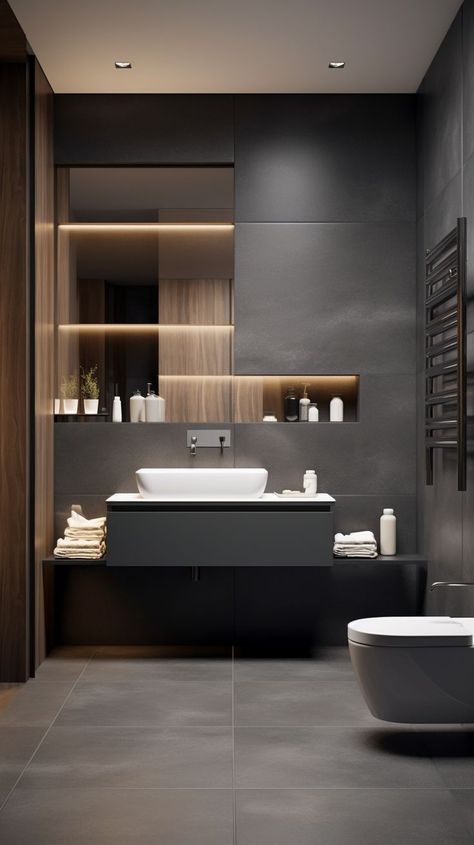 Masculine Bathroom Ideas, Dark Gray Bathroom, Masculine Bathroom, Cheap Bathroom Remodel, Modern Small Bathrooms, Full Bathroom Remodel, Small Bathroom Makeover, Grey Bathrooms, Modern Bathroom Design