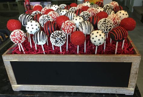 Red, white & black themed cake pops. Red Black And White Themed Party, Casino Graduation Party, Uga Themed Party, Vegas Cake Pops, Uga Party Decorations, Casino Cake Pops, Black And Red Party Theme Sweet 16, Sweet 16 Red And Black Theme, Red And Black Sweets Table