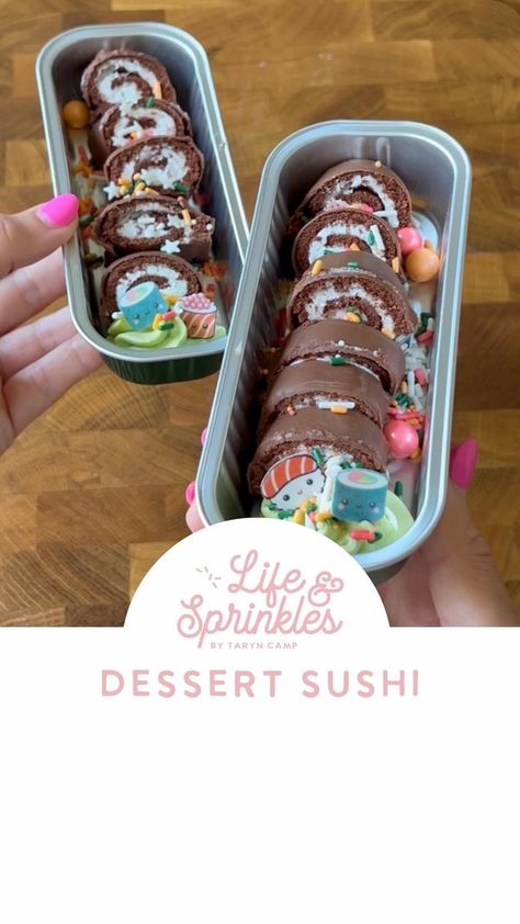 Dessert “Sushi” 🍫🍱 This one was fun 😂 sprinkles and pans from @sprinklepop.shop #cake #swissroll #sushi #nobake #dessertsushi #whippedcream #chocolate #snackcake #easydessert #dessertideas #easyfood #funfood #dessert #dessertlove #dessertoftheday | Life and Sprinkles | Life and Sprinkles · Original audio Dessert Sushi, Swiss Rolls, Sushi Love, Swiss Roll, Snack Cake, Easy Desserts, Recipe Ideas, Whipped Cream, Sprinkles