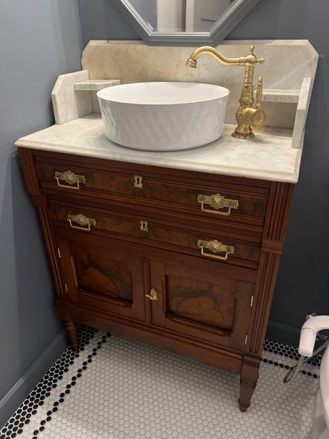 #antiquewashstand #antique #bathroom #diy #remodeling #renovation #bathroomideas #halfbath #modernfarmhouse Antique Washstand, Diy Remodeling, Antique Bathroom, Saw Wood, Bathroom Diy, Vanity Faucet, Sink Mixer Taps, Miter Saw, Half Baths