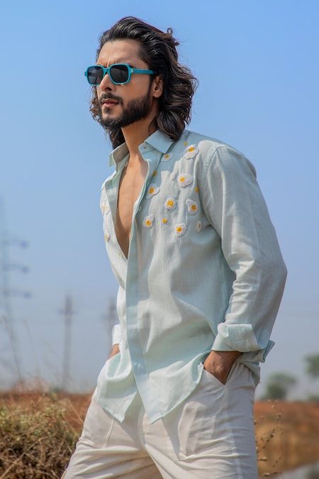 Buy Blue Cotton Linen Embroidered Cutdana Omelette Placement Shirt For Men by Runit Gupta Online at Aza Fashions. Sunny Side Up Eggs, Gents Wear, Recycled Dress, Indian Men Fashion, Embroidery Shirt, Kurta Design, Kids Dress Wear, Linen Color, Mens Wear