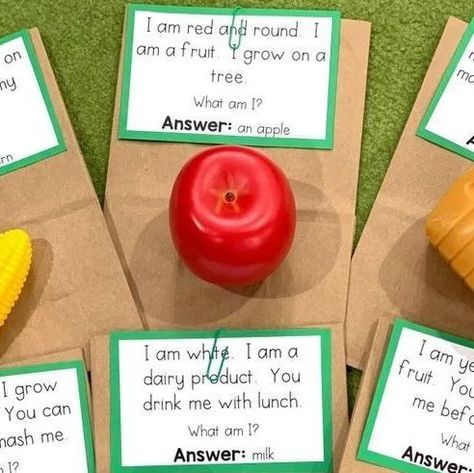 Jamie White on Instagram: "Our students love guessing what food item is in the brown bag based on the riddles! 😍🍍 These food riddles, exercise bulletin board, and more are all included in the Nutrition Circle Time Unit! All 10 days of lessons are planned for you... all you have to do is print! Comment "NUTRITION" below for a link to the unit! 🥕🍉🍎 #Preschool #Prek3 #Prek4 #Prek #Prekindergarten #PreschoolMath #PrekMath #PreschoolPlaytime #EarlyEducation #CreativeKids #PreschoolTeachers #PlayBas Healthy Foods Preschool Theme, Nutrition For Preschoolers Activities, Preschool Nutrition Activities, Nutrition Crafts For Preschool, Nutrition For Preschool, Nutrition Activities For Preschoolers, Nutrition Preschool Activities, Nutrition Crafts For Kids, Nutrition Games