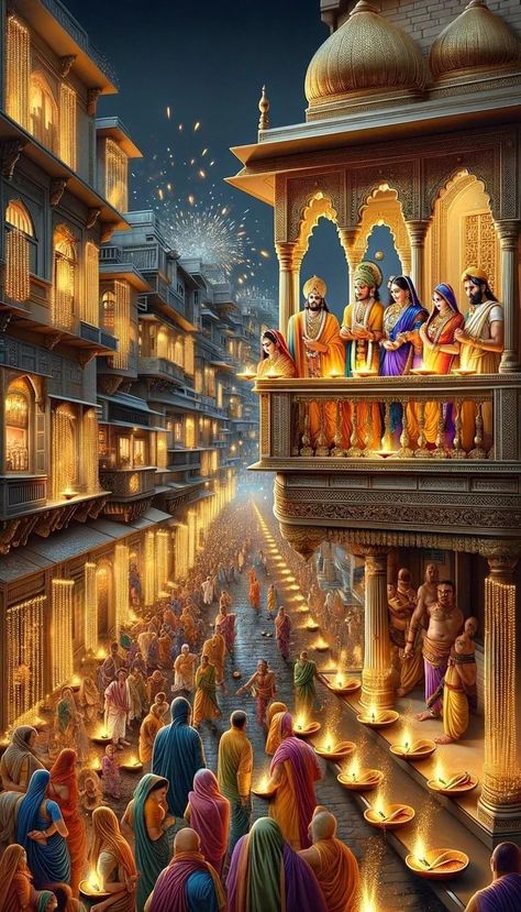 Ram Welcome In Ayodhya, Ram Sita Diwali, Ramayana Story Images, Indian Festival Painting, Ramayana Story, Diwali Painting, Wedding Illustration Card, Castle House Design, Historical Concepts