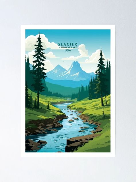 "Glacier National Park Mountain Majesty Travel Illustration" Poster for Sale by NeuralVibe | Redbubble Poster Illustration, National Park Posters, Park Art, Beautiful Travel, Travel Illustration, Illustration Poster, Glacier National, Glacier National Park, Fun Fact