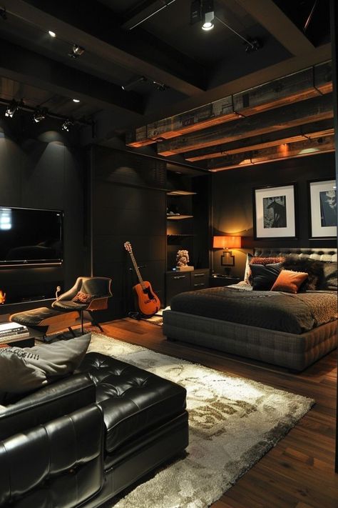 Man House Decor Masculine Interior, Bedroom Ideas Masculine, Bachelor Pad Apartment, Men Bedroom Ideas, Masculine Bedroom Ideas, Bachelor Pad Decor, Masculine Living Rooms, Men Bedroom, Men's Bedroom