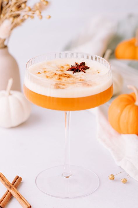 Pumpkin Sour Mocktail National Pumpkin Day, White Wine Spritzer, Pumpkin Day, Pumpkin Spice Syrup, Themed Drinks, Best Shakes, Food Drink Photography, Meyer Lemon, Pumpkin Theme