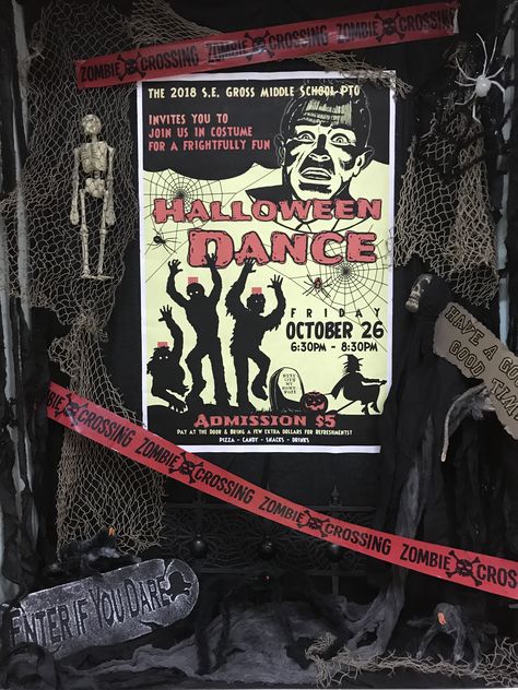 Halloween Dance Theme Ideas, Middle School Halloween Dance Ideas, Middle School Halloween Dance Decorations, School Halloween Dance Ideas, Halloween Dance Decor, Halloween Dance Poster Ideas, Halloween Dance Ideas, School Halloween Dance, School Halloween Party Decorations