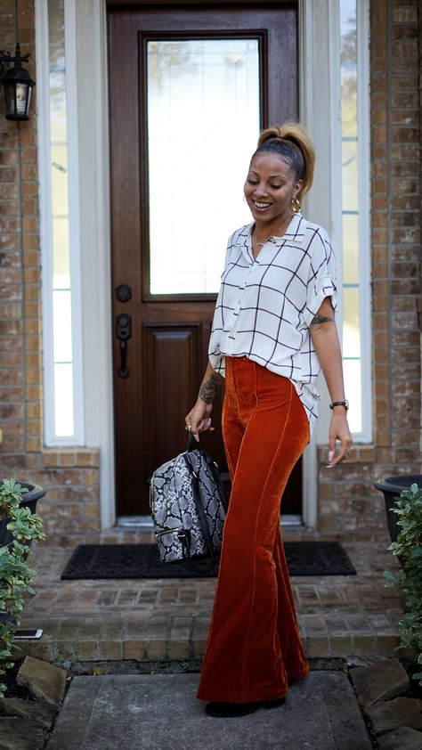 Orange flare wide leg pant outfit Courderoy Flare Pants, Orange Flare Pants Outfit, Orange Flare Pants, Orange Pants Outfit, Flare Pants Outfits, Wide Leg Pant Outfit, Flare Pants Outfit, 2024 Lookbook, Orange Pants