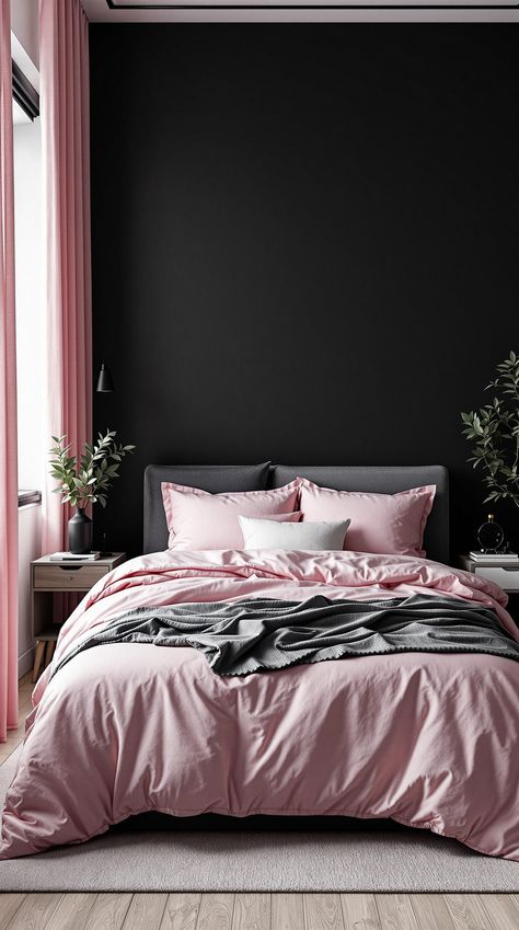 Pink and Black Bedrooms Bedroom Ideas Clean, Black Glam Bedroom, Pink And Black Bedroom Ideas, Leather Bed Bedroom, Pink And Black Bedroom, Pink Accent Wall, Black Leather Bed, Minimal Bedroom Decor, Black Bedroom Ideas