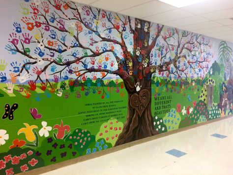 Handprint Tree, We are all different and that's beautiful Mural Wall Art Tree, Handprint Mural School, Handprint Wall Mural, Handprint Tree Mural, School Murals Hallways Collaborative Art, Mural Art For School, Hand Print Mural, Tree With Handprints, Handprint Mural