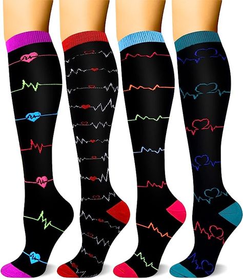 HLTPRO 4 Pairs Compression Socks for Women & Men - Best Support for Medical, Circulation, Nurses, Running, Travel Nurse Compression Socks, Medical Socks, Nurse Travel, Nurse Socks, Calf Cramps, Muscle Aches, Socks For Women, Compression Socks, Cute Skirts