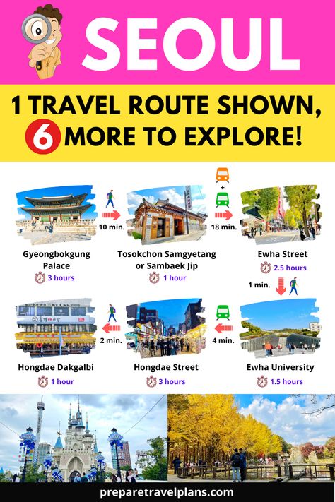 Explore Seoul Korea with our unique 7-day guide! It's filled with hidden gems and tips you won't find elsewhere. Enjoy a mix of traditional and modern sights for an unforgettable trip. South Korea Must See, City Maps Illustration, Seoul Map, Seoul Travel Guide, Seoul Itinerary, Seoul Korea Travel, Bukchon Hanok Village, Korea Trip, Seoul Travel