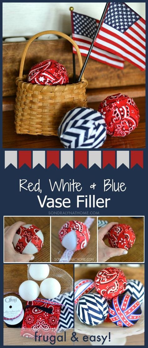 Red White Blue Vase Filler Balls Vase Filler Ideas, Fabric Balls, 4th July Crafts, Lantern Ideas, Blue Crafts, July Ideas, Felt Christmas Decorations, Diy Things, Patriotic Crafts