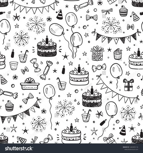 Birthday Party Seamless Pattern with Hand Drawn Doodle Birthday Cake, Sweets, Bunting Flag, Balloons, Gift Box and other Party Supplies. Celebratory background. Holiday Wallpaper. #Ad , #ad, #Doodle#Drawn#Sweets#Cake Birthday Cake Background Wallpapers, Faux Calligraphy Alphabet, Happy Birthday Pattern, Costume Awards, Halloween Costume Awards, Birthday Doodles, Happy Birthday Doodles, Doodle Cake, Banner Doodle