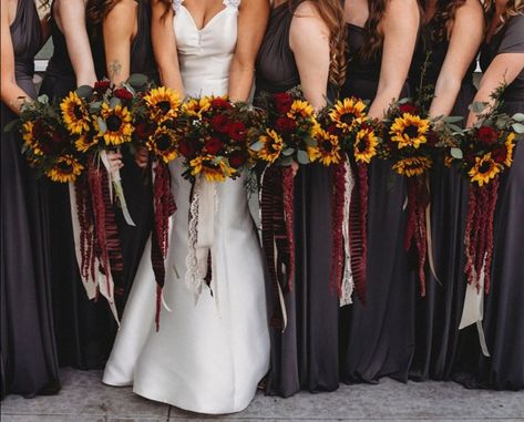 Fall Sunflower Weddings, Sunflower Wedding Ideas, Sunflower Wedding Cake, Sunflowers And Roses, Sunflower Wedding Bouquet, Sunflower Themed Wedding, Black Bridesmaids, Burgundy Bridesmaid Dresses, Wedding Dress Pictures