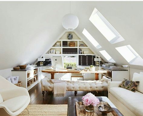 Attic Office, Attic Renovation Ideas, Bibliotheque Design, Attic Playroom, Loft Office, Office Shelving, Attic Conversion, Attic Design, Attic Bedrooms