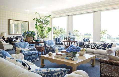 Patterns in a spectrum of blues provide a playful ease in this expansive living space.Custom chairs in Schumacher ikat. Coffee table, J.F. Chen. Facing sofas, De Angelis, in Duralee cotton. Square pillows in Ralph Lauren Home fabric Blue Room Inspiration, Blue White House, Ford Interior, Blue And White Living Room, Blue And White Decor, Blue White Decor, White Interiors, Family Room Ideas, White Living Room